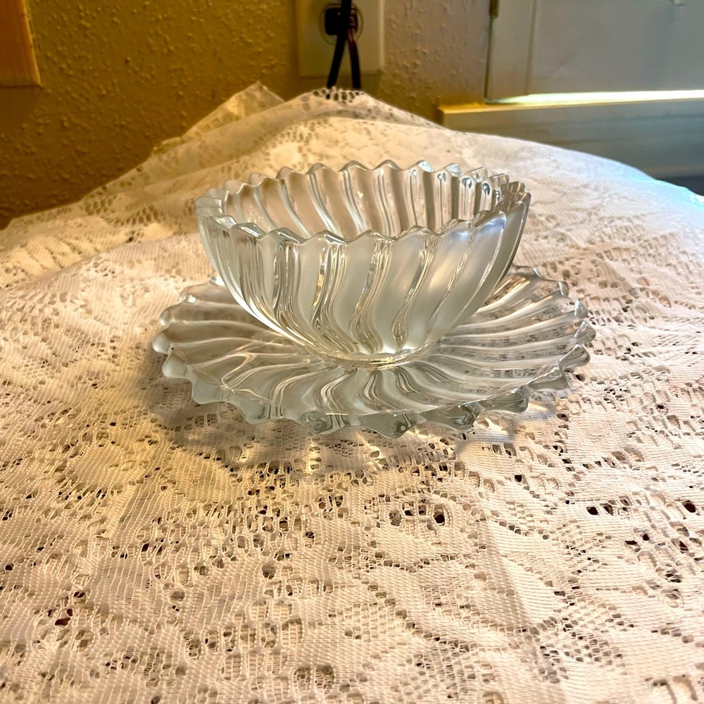 Vintage Glass Frosted Swirl Bowl and Plate for Chips and Dip or Candy